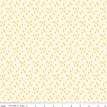 Image of the Two by Two Rainy Day Cream quilting cotton fabric by Cayla Naylor for Riley Blake Designs. Features raindrops on a yellow background. Cute Little Fabric Shop