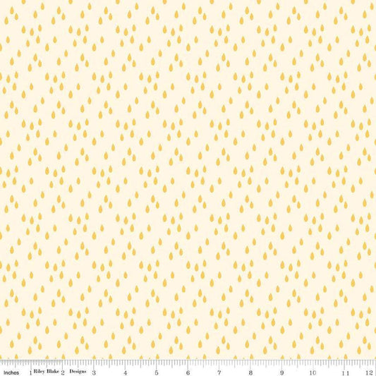 Image of the Two by Two Rainy Day Cream quilting cotton fabric by Cayla Naylor for Riley Blake Designs. Features raindrops on a yellow background. Cute Little Fabric Shop
