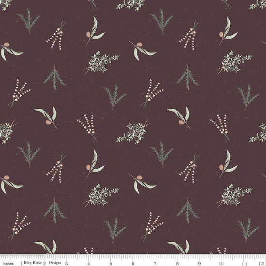 Image of Olive Grove Herbs Eggplant quilting cotton fabric by Amber Elliot for Riley Blake Designs. Features leaves on a brown background. Cute Little Fabric Shop