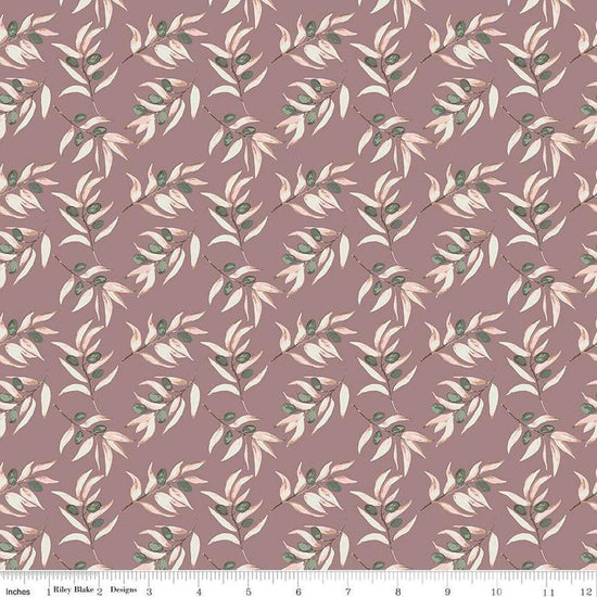 Image of Olive Grove Branches Heather quilting cotton fabric by Amber Elliot for Riley Blake Designs. Features leaves on a purple background. Cute Little Fabric Shop