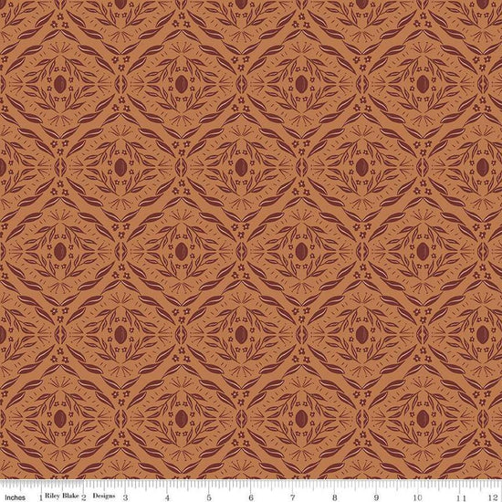 Image of Olive Grove Damask Terracotta quilting cotton fabric by Amber Elliot for Riley Blake Designs. Features damask pattern on an orange background. Cute Little Fabric Shop