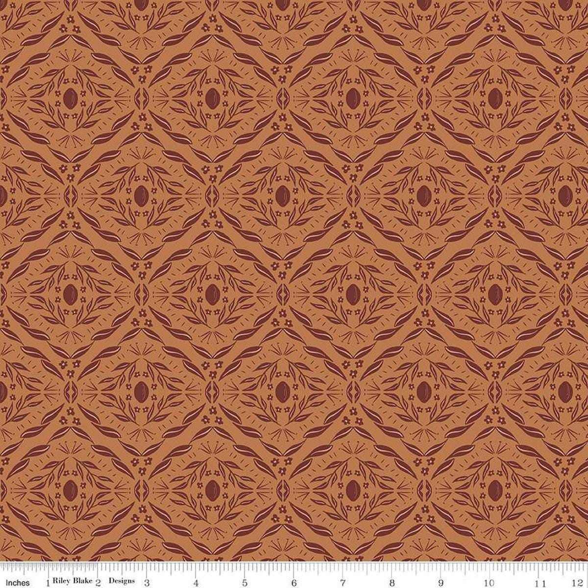 Image of Olive Grove Damask Terracotta quilting cotton fabric by Amber Elliot for Riley Blake Designs. Features damask pattern on an orange background. Cute Little Fabric Shop