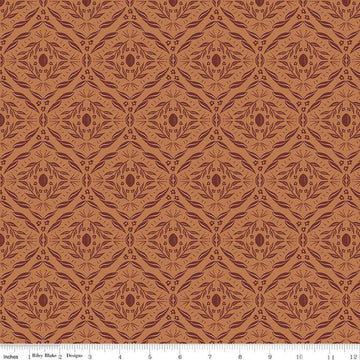 Image of Olive Grove Damask Terracotta quilting cotton fabric by Amber Elliot for Riley Blake Designs. Features damask pattern on an orange background. Cute Little Fabric Shop