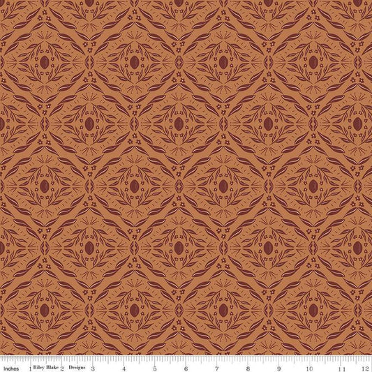 Image of Olive Grove Damask Terracotta quilting cotton fabric by Amber Elliot for Riley Blake Designs. Features damask pattern on an orange background. Cute Little Fabric Shop