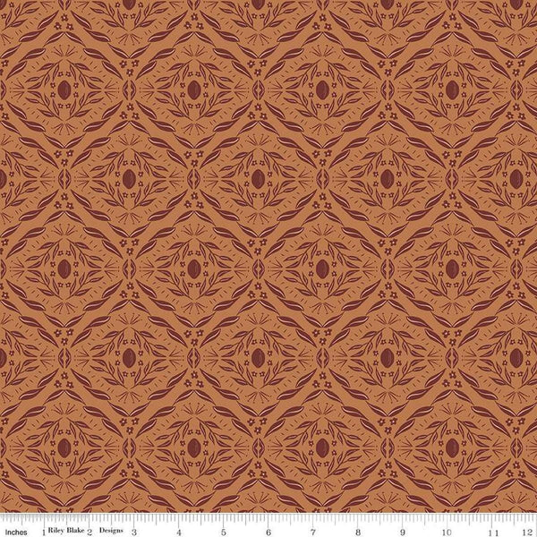 Image of Olive Grove Damask Terracotta quilting cotton fabric by Amber Elliot for Riley Blake Designs. Features damask pattern on an orange background. Cute Little Fabric Shop