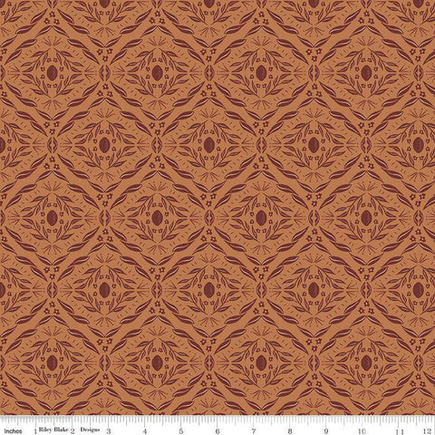 Image of Olive Grove Damask Terracotta quilting cotton fabric by Amber Elliot for Riley Blake Designs. Features damask pattern on an orange background. Cute Little Fabric Shop