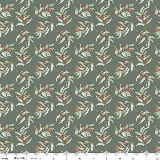 Image of Olive Grove Branches Green quilting cotton fabric by Amber Elliot for Riley Blake Designs. Features leaves on a green background. Cute Little Fabric Shop