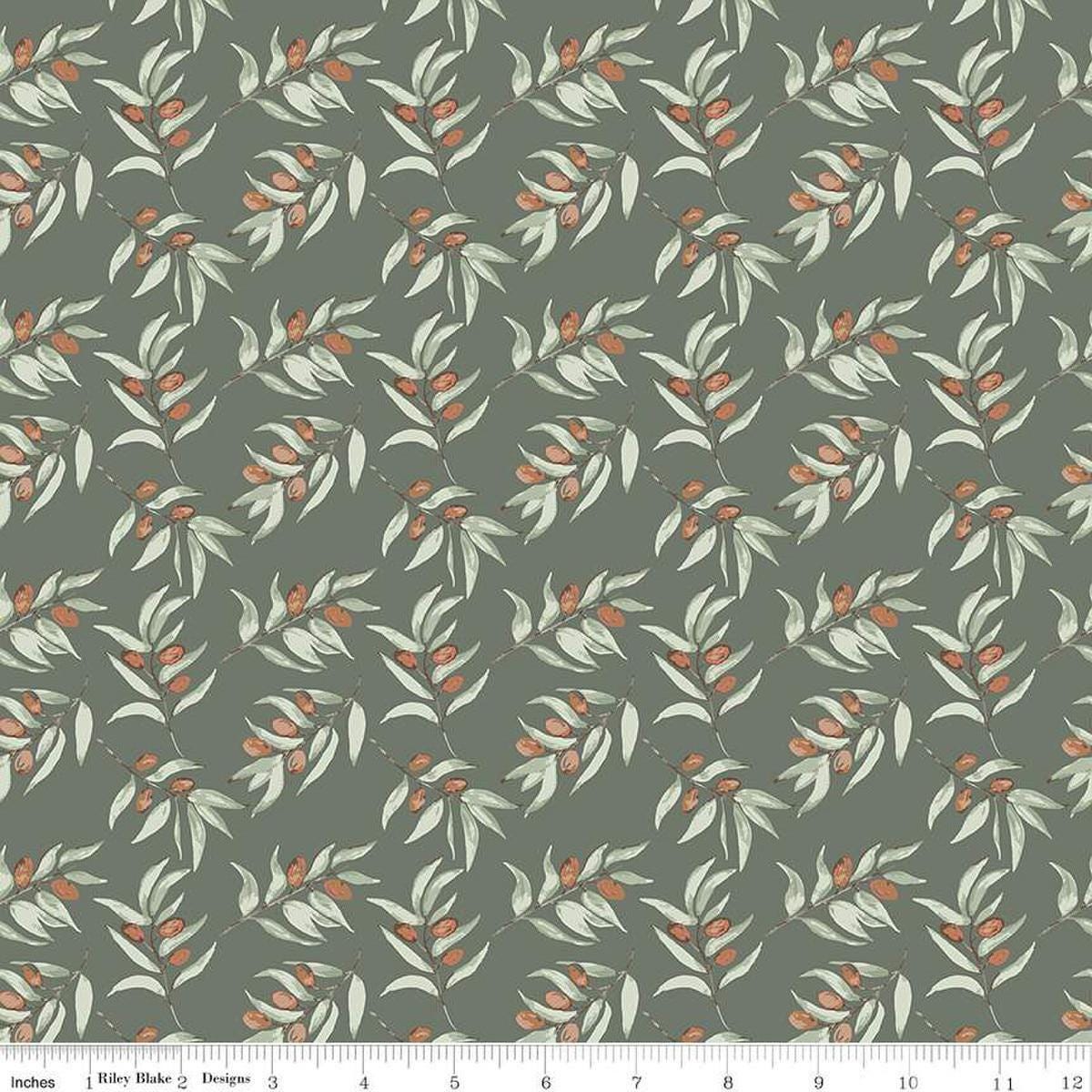 Image of Olive Grove Branches Green quilting cotton fabric by Amber Elliot for Riley Blake Designs. Features leaves on a green background. Cute Little Fabric Shop