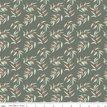 Image of Olive Grove Branches Green quilting cotton fabric by Amber Elliot for Riley Blake Designs. Features leaves on a green background. Cute Little Fabric Shop