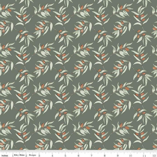 Image of Olive Grove Branches Green quilting cotton fabric by Amber Elliot for Riley Blake Designs. Features leaves on a green background. Cute Little Fabric Shop