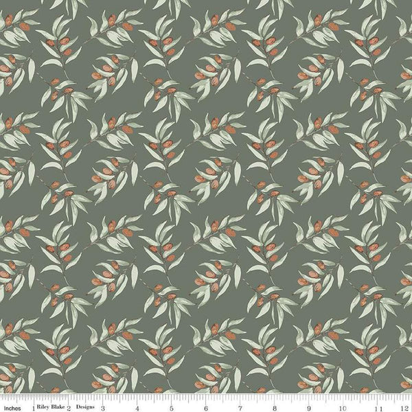 Image of Olive Grove Branches Green quilting cotton fabric by Amber Elliot for Riley Blake Designs. Features leaves on a green background. Cute Little Fabric Shop