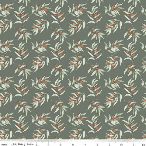 Image of Olive Grove Branches Green quilting cotton fabric by Amber Elliot for Riley Blake Designs. Features leaves on a green background. Cute Little Fabric Shop