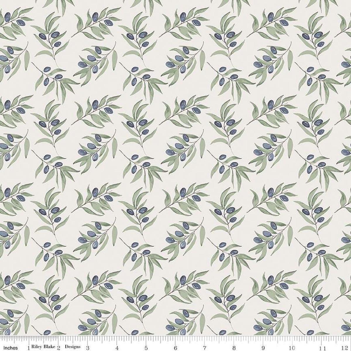 Image of Olive Grove Branches Ivory quilting cotton fabric by Amber Elliot for Riley Blake Designs. Features leaves on an off-white background. Cute Little Fabric Shop