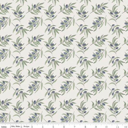 Image of Olive Grove Branches Ivory quilting cotton fabric by Amber Elliot for Riley Blake Designs. Features leaves on an off-white background. Cute Little Fabric Shop