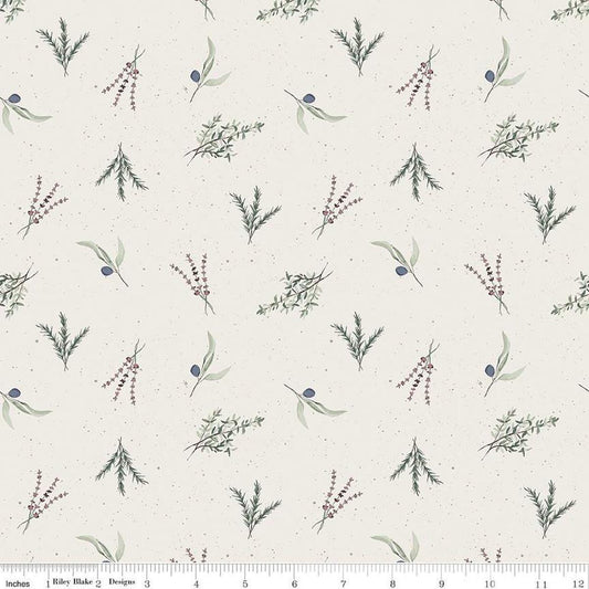 Image of Olive Grove Herbs Ivory quilting cotton fabric by Amber Elliot for Riley Blake Designs. Features leaves on an off-white background. Cute Little Fabric Shop