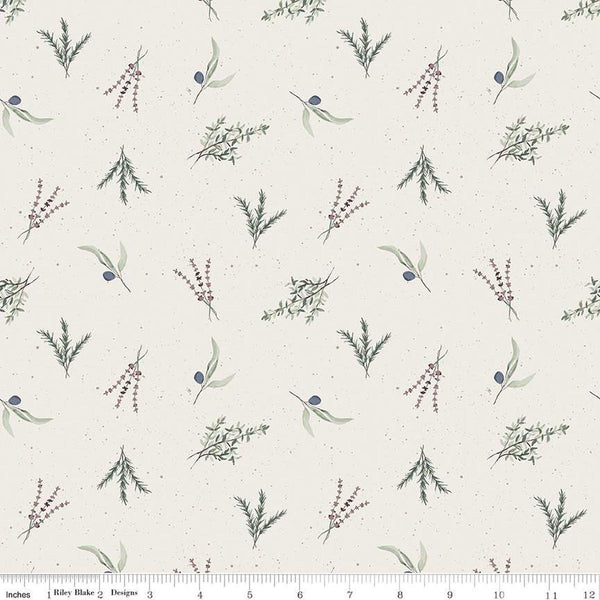 Image of Olive Grove Herbs Ivory quilting cotton fabric by Amber Elliot for Riley Blake Designs. Features leaves on an off-white background. Cute Little Fabric Shop