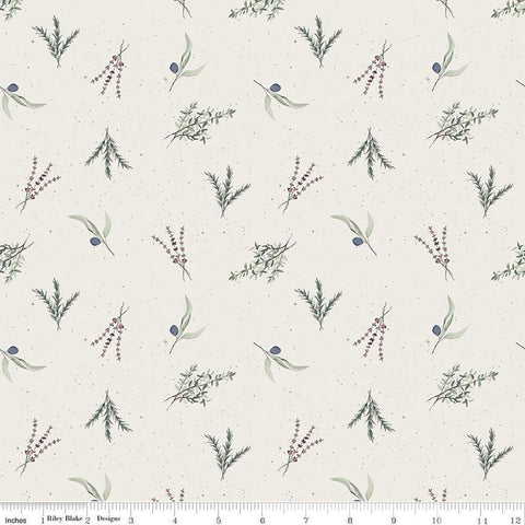 Image of Olive Grove Herbs Ivory quilting cotton fabric by Amber Elliot for Riley Blake Designs. Features leaves on an off-white background. Cute Little Fabric Shop