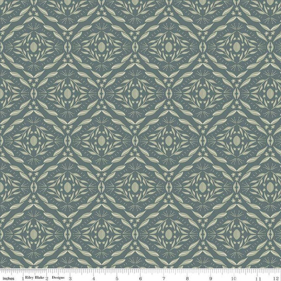 Image of Olive Grove Damask Teal quilting cotton fabric by Amber Elliot for Riley Blake Designs. Features damask pattern on a green background. Cute Little Fabric Shop