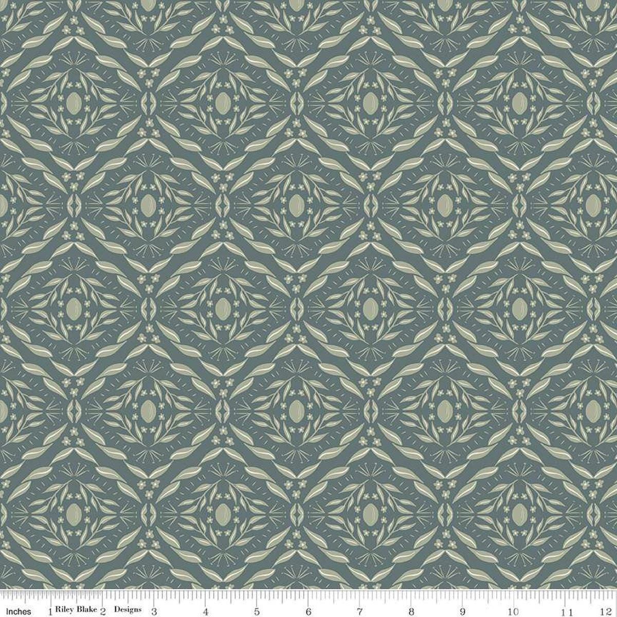 Image of Olive Grove Damask Teal quilting cotton fabric by Amber Elliot for Riley Blake Designs. Features damask pattern on a green background. Cute Little Fabric Shop