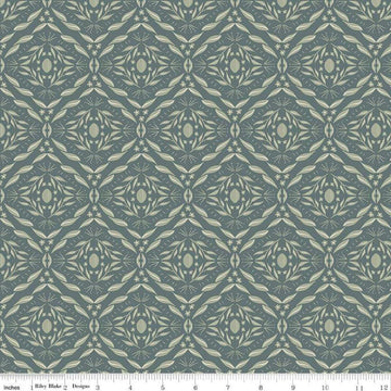 Image of Olive Grove Damask Teal quilting cotton fabric by Amber Elliot for Riley Blake Designs. Features damask pattern on a green background. Cute Little Fabric Shop