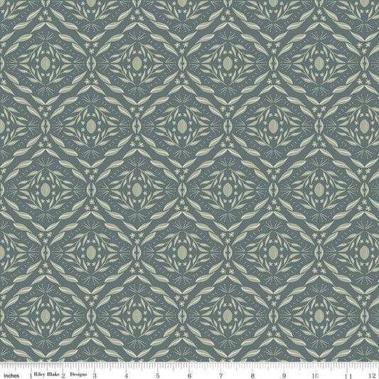 Image of Olive Grove Damask Teal quilting cotton fabric by Amber Elliot for Riley Blake Designs. Features damask pattern on a green background. Cute Little Fabric Shop