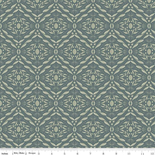 Image of Olive Grove Damask Teal quilting cotton fabric by Amber Elliot for Riley Blake Designs. Features damask pattern on a green background. Cute Little Fabric Shop