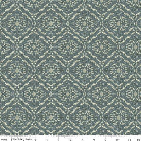 Image of Olive Grove Damask Teal quilting cotton fabric by Amber Elliot for Riley Blake Designs. Features damask pattern on a green background. Cute Little Fabric Shop
