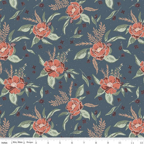 Image of Olive Grove Floral Cyprus quilting cotton fabric by Amber Elliot for Riley Blake Designs. Features flowers on a green background. Cute Little Fabric Shop