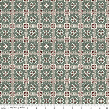 Image of Olive Grove Mill Tiles Green quilting cotton fabric by Amber Elliot for Riley Blake Designs. Features flower tiles on a green background. Cute Little Fabric Shop