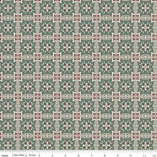 Image of Olive Grove Mill Tiles Green quilting cotton fabric by Amber Elliot for Riley Blake Designs. Features flower tiles on a green background. Cute Little Fabric Shop