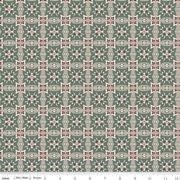Image of Olive Grove Mill Tiles Green quilting cotton fabric by Amber Elliot for Riley Blake Designs. Features flower tiles on a green background. Cute Little Fabric Shop
