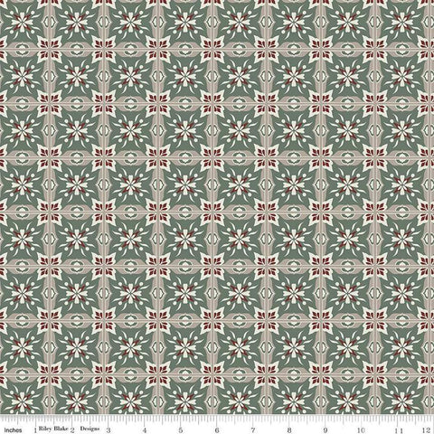 Image of Olive Grove Mill Tiles Green quilting cotton fabric by Amber Elliot for Riley Blake Designs. Features flower tiles on a green background. Cute Little Fabric Shop