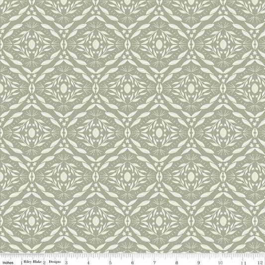 Image of Olive Grove Damask Sage quilting cotton fabric by Amber Elliot for Riley Blake Designs. Features damask pattern on a green background. Cute Little Fabric Shop