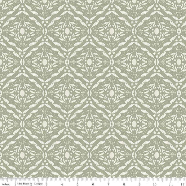 Image of Olive Grove Damask Sage quilting cotton fabric by Amber Elliot for Riley Blake Designs. Features damask pattern on a green background. Cute Little Fabric Shop