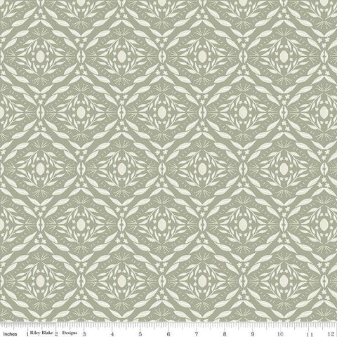 Image of Olive Grove Damask Sage quilting cotton fabric by Amber Elliot for Riley Blake Designs. Features damask pattern on a green background. Cute Little Fabric Shop