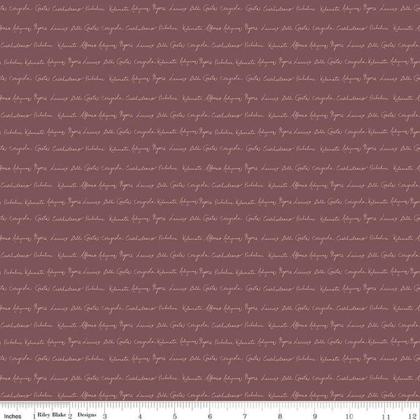 Image of Olive Grove Script Plum quilting cotton fabric by Amber Elliot for Riley Blake Designs. Features handwriting on a brown background. Cute Little Fabric Shop