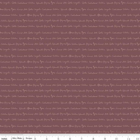 Image of Olive Grove Script Plum quilting cotton fabric by Amber Elliot for Riley Blake Designs. Features handwriting on a brown background. Cute Little Fabric Shop