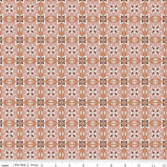 Image of Olive Grove Mill Tiles Pink quilting cotton fabric by Amber Elliot for Riley Blake Designs. Features flower tiles on a peach background. Cute Little Fabric Shop
