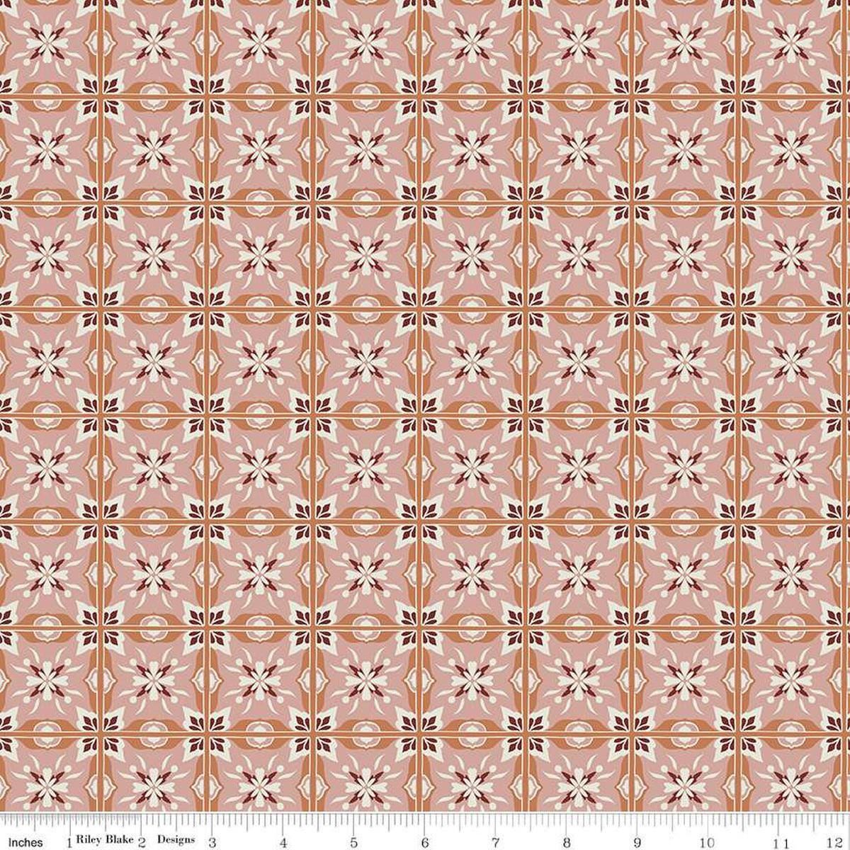 Image of Olive Grove Mill Tiles Pink quilting cotton fabric by Amber Elliot for Riley Blake Designs. Features flower tiles on a peach background. Cute Little Fabric Shop