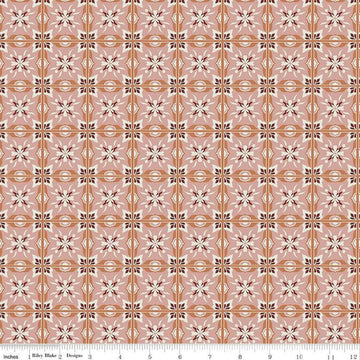 Image of Olive Grove Mill Tiles Pink quilting cotton fabric by Amber Elliot for Riley Blake Designs. Features flower tiles on a peach background. Cute Little Fabric Shop