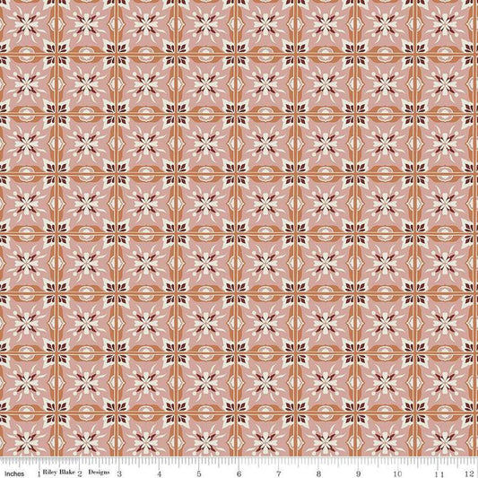 Image of Olive Grove Mill Tiles Pink quilting cotton fabric by Amber Elliot for Riley Blake Designs. Features flower tiles on a peach background. Cute Little Fabric Shop