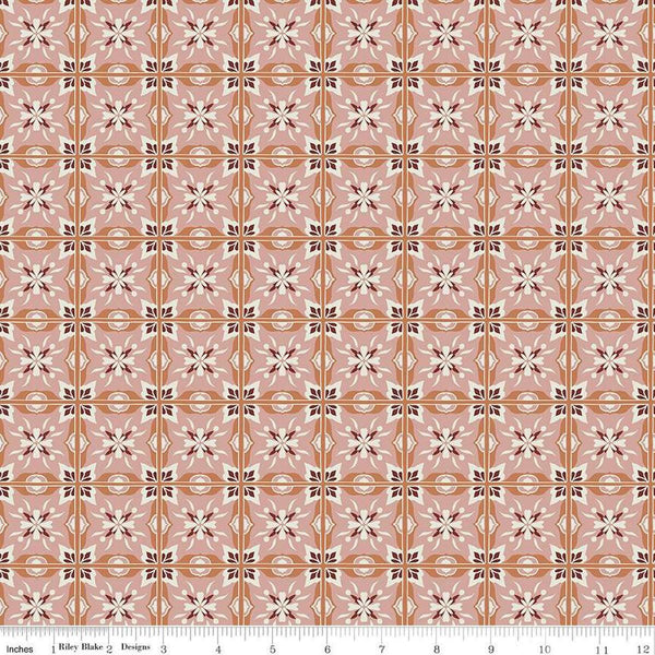 Image of Olive Grove Mill Tiles Pink quilting cotton fabric by Amber Elliot for Riley Blake Designs. Features flower tiles on a peach background. Cute Little Fabric Shop