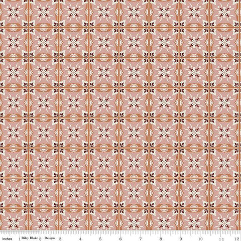 Image of Olive Grove Mill Tiles Pink quilting cotton fabric by Amber Elliot for Riley Blake Designs. Features flower tiles on a peach background. Cute Little Fabric Shop