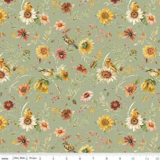 Image of Sunflower Whispers Prairie Green quilting cotton fabric by Lisa Audit for Riley Blake Designs. Features flowers on a green background. Cute Little Fabric Shop