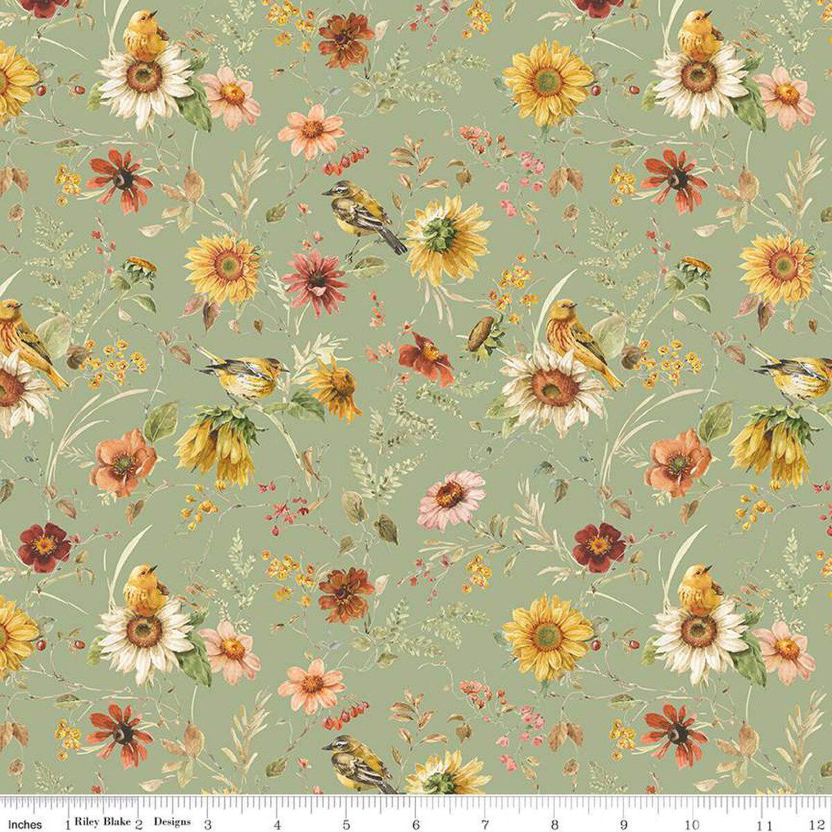 Image of Sunflower Whispers Prairie Green quilting cotton fabric by Lisa Audit for Riley Blake Designs. Features flowers on a green background. Cute Little Fabric Shop