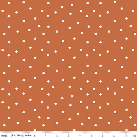 Image of Sunflower Whispers Dots Pumpkin quilting cotton fabric by Lisa Audit for Riley Blake Designs. Features dots on an orange background. Cute Little Fabric Shop