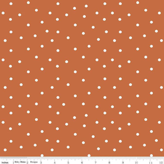 Image of Sunflower Whispers Dots Pumpkin quilting cotton fabric by Lisa Audit for Riley Blake Designs. Features dots on an orange background. Cute Little Fabric Shop