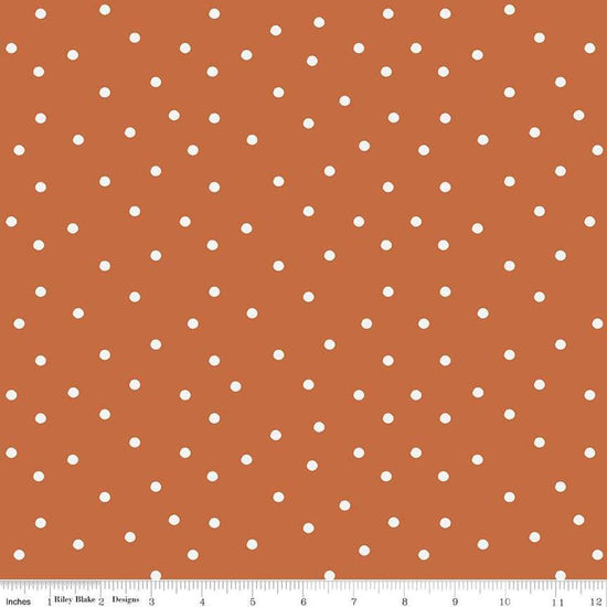 Image of Sunflower Whispers Dots Pumpkin quilting cotton fabric by Lisa Audit for Riley Blake Designs. Features dots on an orange background. Cute Little Fabric Shop