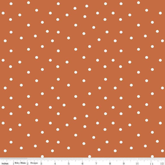 Image of Sunflower Whispers Dots Pumpkin quilting cotton fabric by Lisa Audit for Riley Blake Designs. Features dots on an orange background. Cute Little Fabric Shop