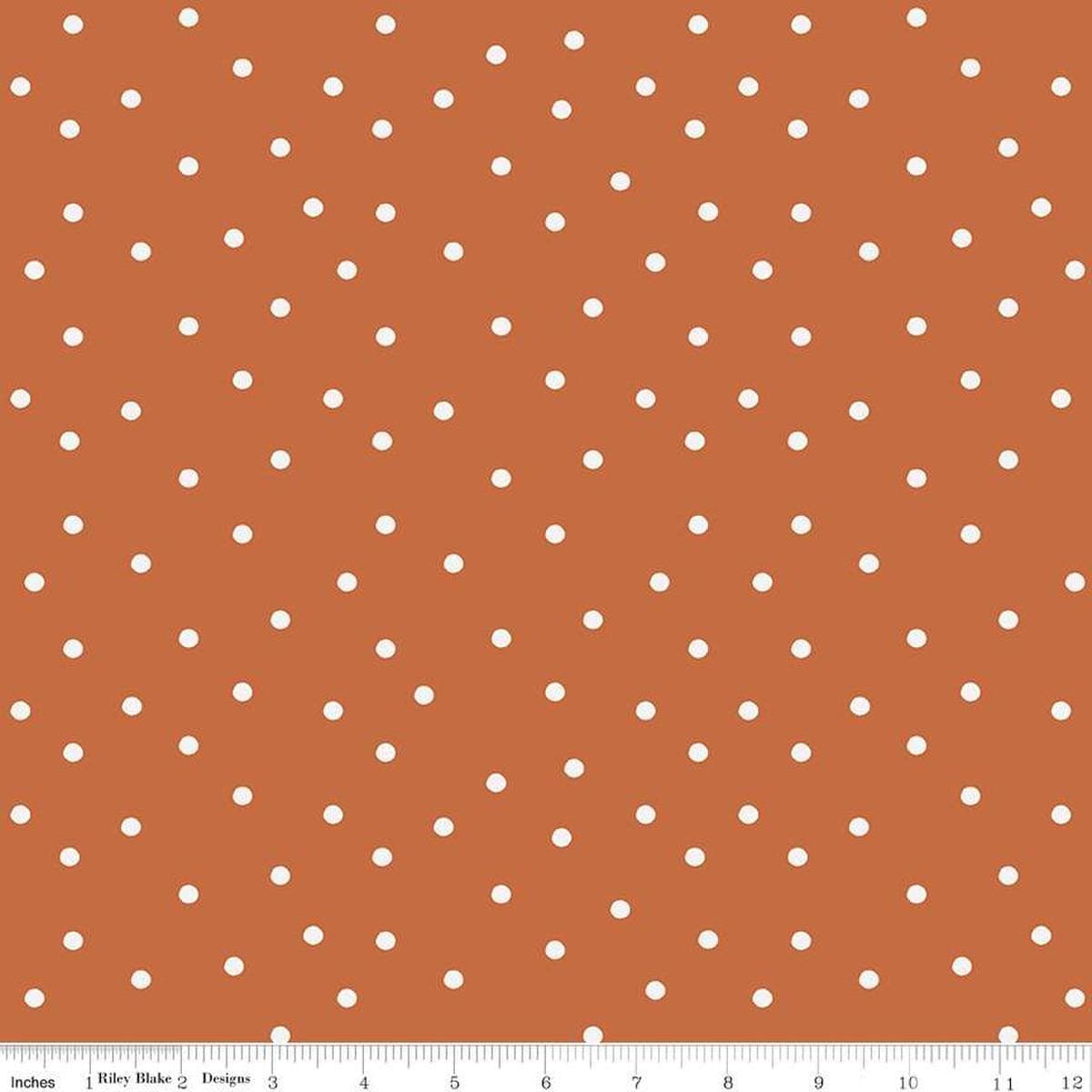 Image of Sunflower Whispers Dots Pumpkin quilting cotton fabric by Lisa Audit for Riley Blake Designs. Features dots on an orange background. Cute Little Fabric Shop